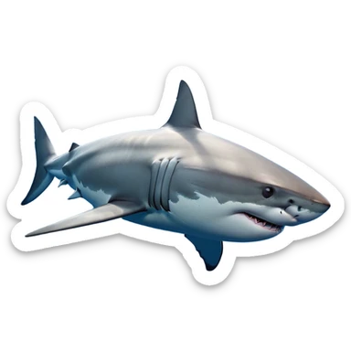 Cinematic Noble Great White Shark Portrait Emoji, Poised and regal, with a robust, torpedo-shaped body, a pointed snout, a gleaming white underbelly contrasting with a slate gray dorsal surface, and piercing, intense eyes scanning deep blue waters, Simplified yet sharp and sophisticated features, highly detailed, glowing with a cool, oceanic luminescence, high shine, intelligent and commanding, stylized with an air of marine authority, focused and vigilant, soft glowing outline, capturing the essence of a watchful and confident predator that appears ready to surge out of the screen with effortless power! sticker
