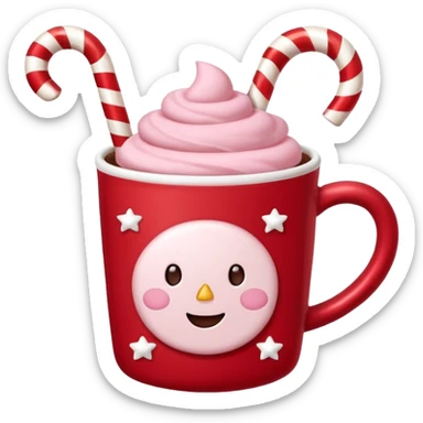 hot chocolate with pastel pink marshmallows in red christmas mug with stars and candy cane, trendy aesthetic sticker