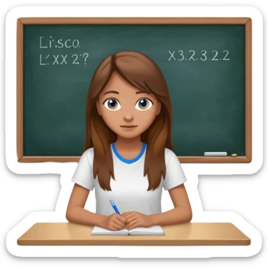 high school class room with a pretty female high school student with long brown hair, blue eyes sitting in front of the blackboard sticker