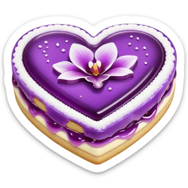 Realistic shortbread cookie in the shape of a heart with orchid purple color jelly middle filling and sprinkled powder sugar on top. sticker