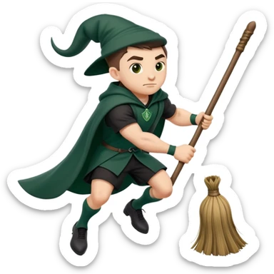 A muscular strong Slytherin student in final year riding a broomstick sticker