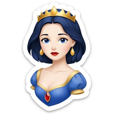 Cinematic Timeless Snow White Portrait Emoji, rendered in a clean, vector style. Depict Snow White with flawless porcelain skin, elegantly styled raven hair, and a serene, graceful expression, dressed in her classic blue and gold ensemble. The design features bold, simplified shapes, a soft, enchanting glow, and a subtle glowing outline, epitomizing pure, timeless beauty. sticker