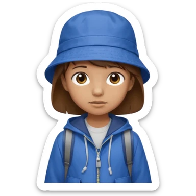 Little student, brown hair, wears blue bucket hat and jacket, backpack, shy sticker