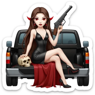Lilith symbol red eye seductress evil long brown haired sexy succubus woman with leather long dress with slit on, sitting in Big Large F350 pickup truck. Platform long high heels on feet. Back seat full of stacks of cash, she is  Holding a man dead human skull of her enemies and a gun in other hand sticker