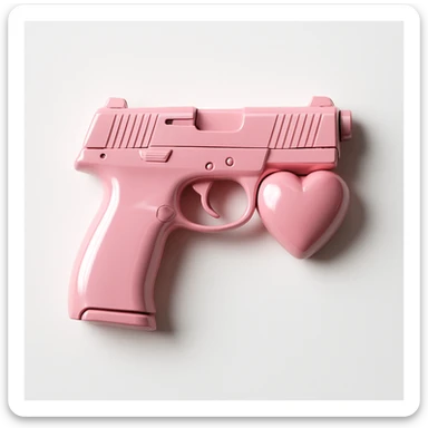 Refine the photorealistic pink heart pistol: increase the realism, add subtle metallic reflections, enhance the glossy finish, and improve the heart shape details, on a white background. Maintain photorealistic style with subtle metallic reflections and glossy finish. sticker