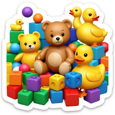 Colorful toys scattered together - teddy bear, rubber duck, toy blocks, ball, and action figures sticker