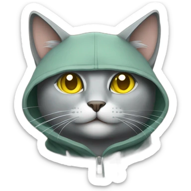 gray cat with yellow eyes and a green hood that smiles sticker