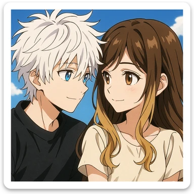 anime style, a boy with messy white hair and blue eyes looking lovingly at a beautiful girl with brunette and blonde hair and brown eyes sticker