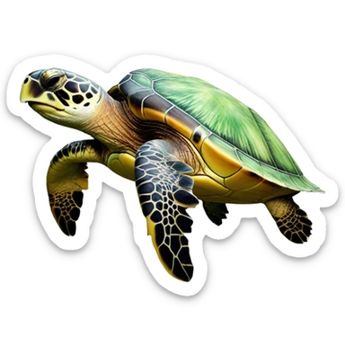 a sea turtle is swimming, smiling, art, realistic art, white background, side view sticker
