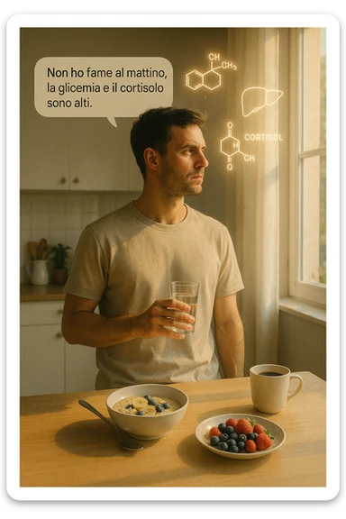 A realistic, cinematic illustration of a man in his early 30s with a lean, healthy build, standing calmly in a bright, minimal kitchen in the early morning. On the kitchen table, there is a prepared but untouched healthy breakfast (oatmeal, fruit, coffee). The man, with a neutral and focused expression, holds a glass of water while looking out of the window where morning sunlight enters. Above him, subtle glowing medical icons display: a glucose molecule, a cortisol hormone symbol, and a liver icon, indicating high morning blood sugar and cortisol levels. A small speech bubble or text overlay says: ‘Non ho fame al mattino, la glicemia e il cortisolo sono alti.’ The scene conveys a sense of calm, clarity, and body awareness, showing that the man consciously avoids breakfast due to physiological signals rather than restrizione. The style is realistic, warm, with a slight film grain, emphasizing health and conscious self-regulation. in italiano sticker