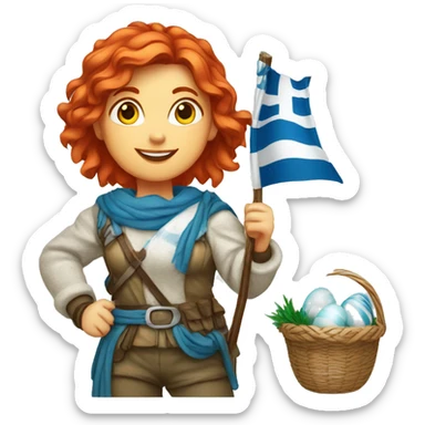 red hair female winter mountaineer with Greek flag and easter basket sticker