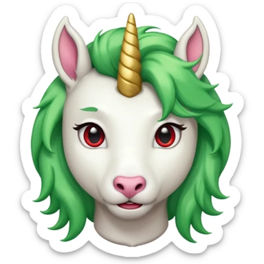 white furred unicorn with green hair and big red earrings looking into camera and spectacle sticker
