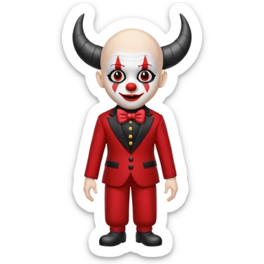 Crea un payaso con cara blanca sin pelo con cuernos negros y un traje rojo con negro sticker