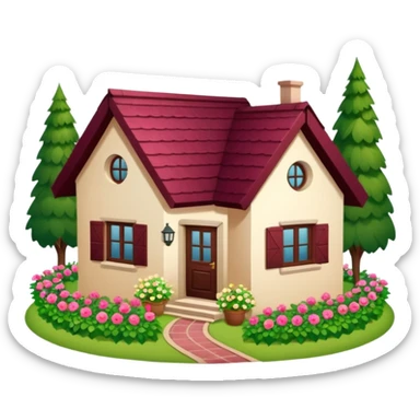 A dacha with a burgundy tiled roof and a garden sticker