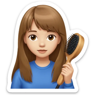a girl with light skin and medium brown long hair with bangs who is brushing her hair with a hairbrush sticker