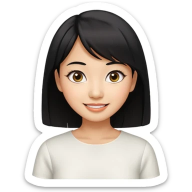 30 yr old asian woman center parted hair big eyes big smile tanned skin straight black hair hippie part hair white blouse shoulder length hair middle parted hair few short bangs at front trendy hair sticker