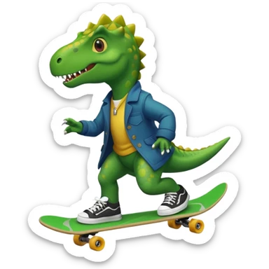 a dinosaur on a skateboard wearing a coat with sneakers in the bottom sticker