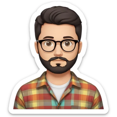 a 30-year-old man with light skin, medium solid build, wide face, soft cheeks, rounded jawline, neutral relaxed expression, short dense full beard, wavy voluminous brown-black hair at the front, large rectangular black thick frame glasses, colorful button-up shirt open showing white t-shirt sticker