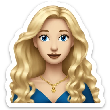 Beautiful skinny woman long blonde hair in dark dress with blue eyes gold earrings with book  sticker