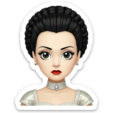 Bride of Frankenstein with black hair, ivory sequin outfit sticker