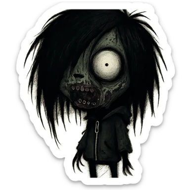 GIR zombie with black long shaggy hair, emo, dark and spooky, creepy face sticker