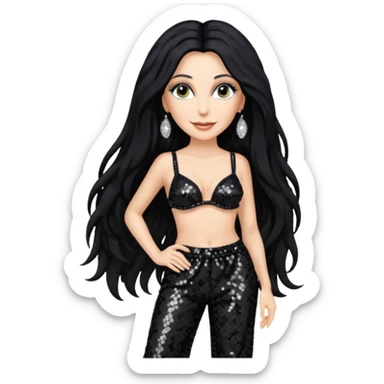 Cher with long black hair, black sequin bra, black sequin baggy pants sticker