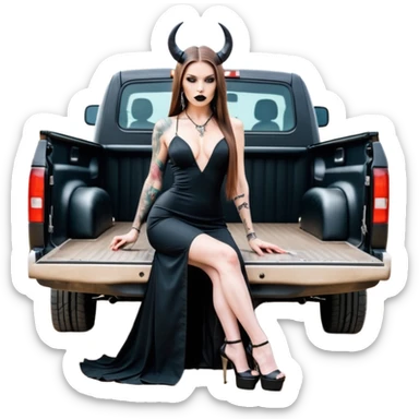 Sensual queen long brown straight haired mafia woman with black shiny platform high heels on her feet, black devil horns on her head, tattoos on arms , holding a human head skull. in the back seat of a large big new model F350 pickup truck full of cash wearing long sex dress with big butt sticker
