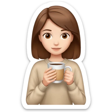 Girl with brown hair in beige sweater and coffee in hand  sticker