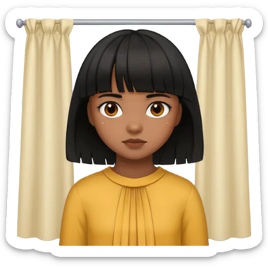 Girl that has a short black hime cut with curtain bangs, then dark brown eyes, and has a bit brown skin sticker