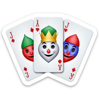 bunch of 3 poker cards, with crazy colorful jolly jokers inside, inversed face sticker