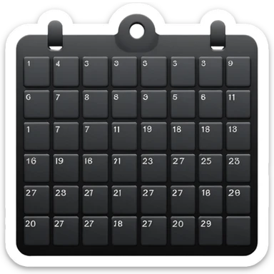 payment schedule — a black matte calendar with evenly spaced date blocks, subtle highlighted payment days, clean geometric shapes, no text or numbers, monochrome black color palette, soft studio lighting, smooth surfaces, modern fintech style sticker