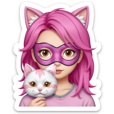 Asian girl with pink hair mask sheet whole face with one cat sticker