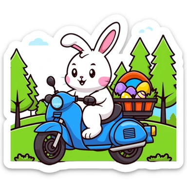 Easter bunny riding a BMW boxer motorcycle with trees and grass in the background sticker