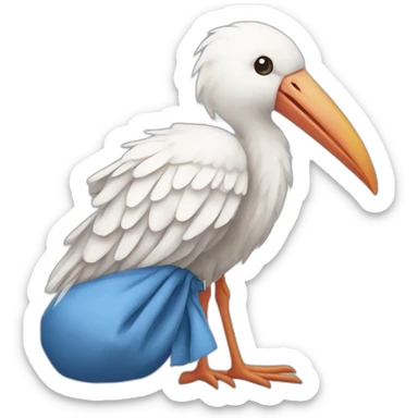 White stork carrying a blue bundle of cloth in its beak that has a human baby with dark hair and the baby head is peeking from the fabric bundle the strok is carrying with its beak sticker