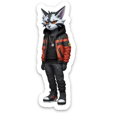 Cool Anthro Black Bat-Nargacuga-Litten-Lynx-Pokémon with edgy stripes hoodie spiked collar punk techwear Cargo Pants Full Body sticker