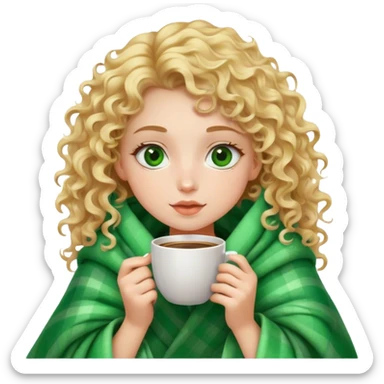 White girl blonde curly hair inside a blanket sipping coffee green eyes  sticker