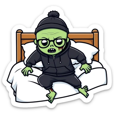 bald zombie with glasses, wearing a black beanie, black hoodie, stumbling into bed sticker