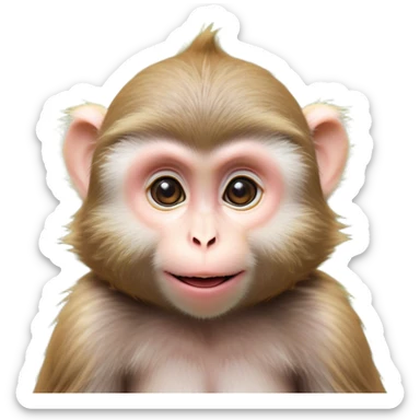 Cinematic Cute Macaque Portrait Emoji, Head tilted playfully and inquisitively, with a charmingly mischievous face accented by soft, fuzzy fur and round, sparkling eyes filled with curiosity, Simplified yet irresistibly adorable features, highly detailed, glowing with a warm, friendly glow, high shine, affectionate and lively, stylized with a touch of primate whimsy, bright and endearing, soft glowing outline, capturing the essence of a playful macaque that seems as if it could jump out of the screen into your arms! sticker