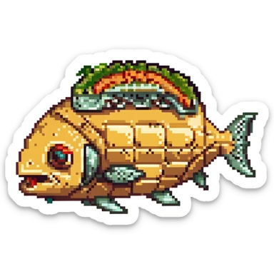 a cyborg robotic salmon who's body is made from a filled crunchy taco, with lettuce salsa meat and cheese. he is fish taco bot man his face and head, tail, and fins are metallic robotic construction, he has a slit visor across his face where his eyes should be like cyclops sticker