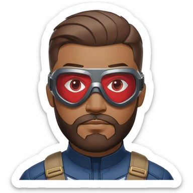 sam wilson with very short, neatly cropped and a well-groomed beard that connects to his mustache,  wear sleek, red-tinted tactical goggles fit snugly from captain america: civil war sticker