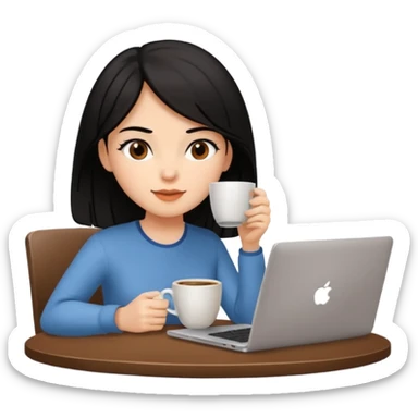 laptop and coffee are on the table. coffee is not on the laptop. the girl with medium-length black hair is drinking coffee. sticker