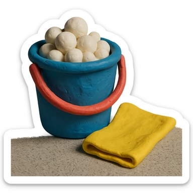 bucket with bubbles and cleaning cloth in claymation style, soft matte finish sticker