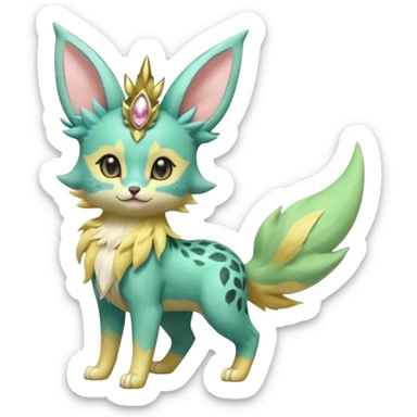 Epic complex detailed pastel minty green, pastel beige yellow pastel realistic aesthetic-scenic-Fakémon-Zorua-Litten-Leafeon-Sylveon-Trico-Sergal-Serval-Vernid-creature (full body) with far wings, shiny sparkly fairycore theme  sticker