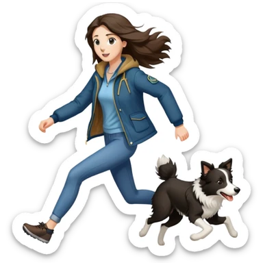 A beautiful tall girl with fair skin and long hair wearing a jacket and running with a Border Collie sticker