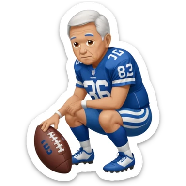 A grandpa playing football wearing an Indianapolis Colts jersey is. Show him kind of crouch down to the ground, holding the football and the name rivers on the back of his jersey. sticker
