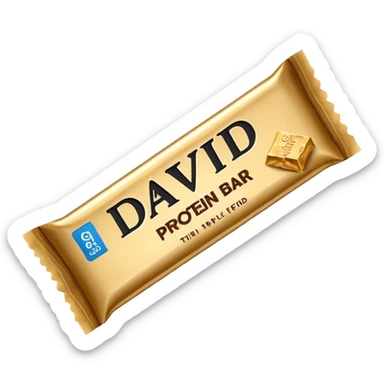 protein bar gold wrapper that says David on it in black font with a small brown box on it  sticker