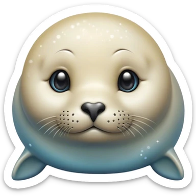 Cinematic Cute Seal Portrait Emoji, Head tilted playfully and inquisitively, featuring a charming, plump form with a sleek, shiny body and round, sparkling eyes full of gentle wonder, accented by a subtly contoured head, Simplified yet irresistibly adorable features, highly detailed, glowing with a warm, friendly oceanic glow, high shine, affectionate and lively, stylized with a touch of whimsical seaside charm, soft glowing outline, capturing the essence of a mischievous yet loving seal that seems as if it could pop out of the screen into your arms! sticker