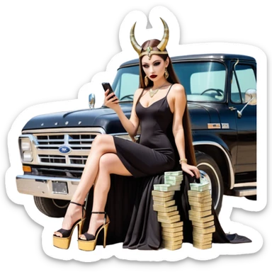 Sensual queen long brown straight haired sexy drug lord woman with  glitter platform high heels on her feet,  and devil black horns on her head, holding a stack of cash, has a phone in other hand. Sitting on the hood of a  gold ford350 pickup truck  full of drugs, long black dress with sexy slit sticker