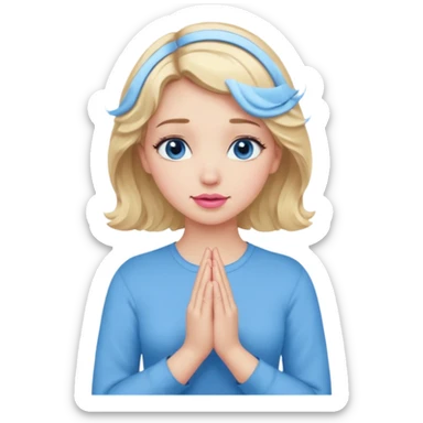 Girl Blonde short wavy hair,  blue eyes, cute blue top, long lashes, pink lips, praying hands sticker