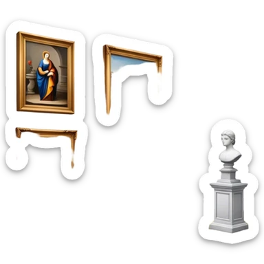 An icon featuring an elegant art gallery with classic paintings hanging on the walls, and sculptures displayed on pedestals. Visitors admire the exhibits, capturing the essence of culture, history, and art. Set against a transparent background. sticker